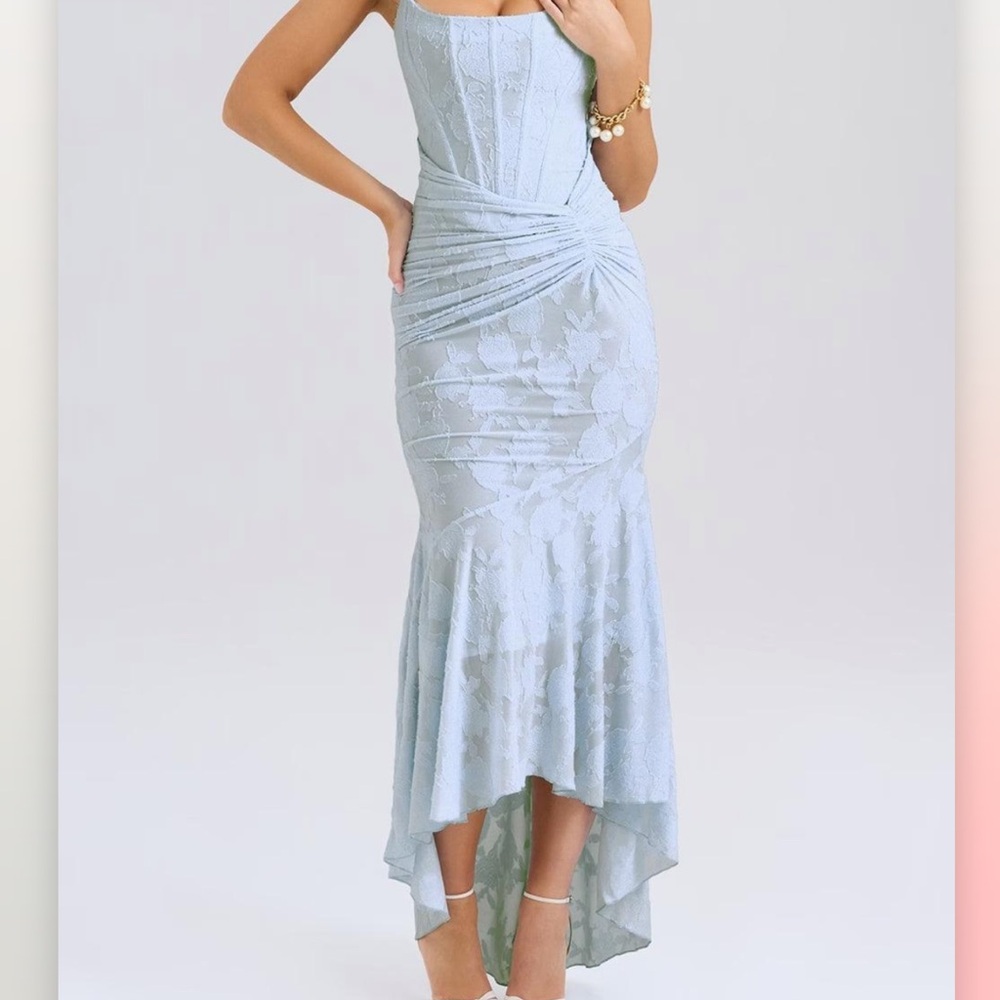Chic Light Blue Lace High Low Dress